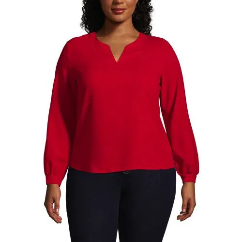 Women's Shirred Long Sleeve Split Neck Blouse