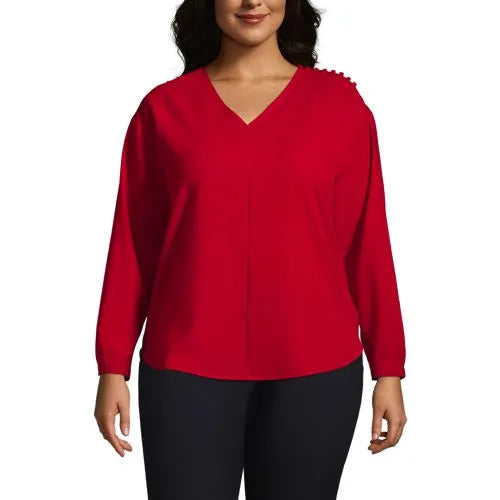 Women's Plus Size Long Sleeve V-neck Button Shoulder Crepe Blouse