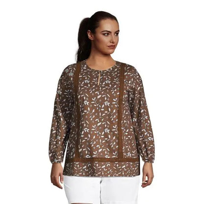 Women's Cotton Long Sleeve Split Neck Tunic Top