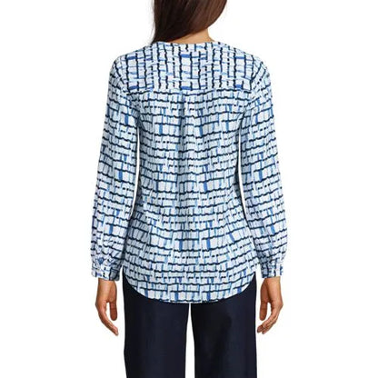 Women's Shirred Long Sleeve Split Neck Blouse