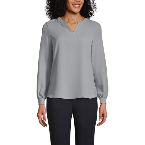 Women's Shirred Long Sleeve Split Neck Blouse