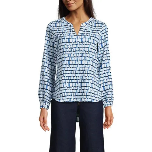 Women's Shirred Long Sleeve Split Neck Blouse