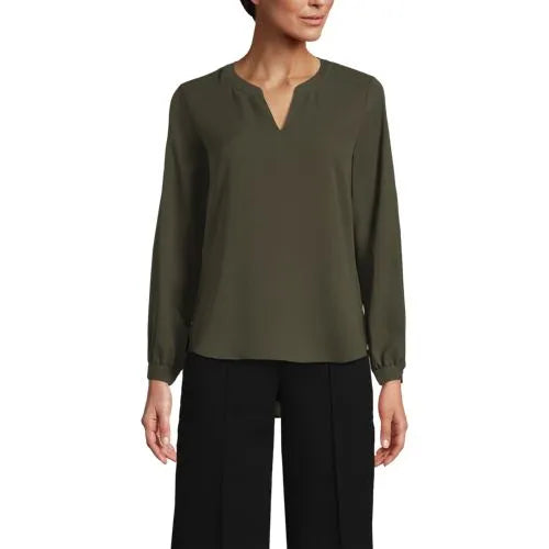 Women's Shirred Long Sleeve Split Neck Blouse