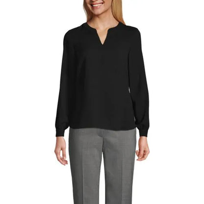 Women's Shirred Long Sleeve Split Neck Blouse