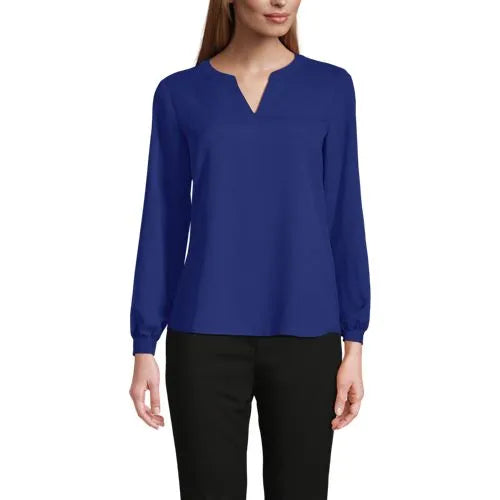 Women's Shirred Long Sleeve Split Neck Blouse