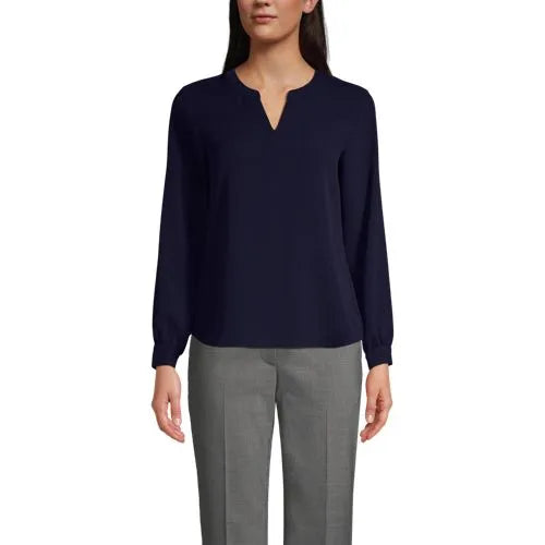 Women's Shirred Long Sleeve Split Neck Blouse