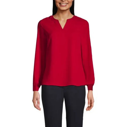 Women's Shirred Long Sleeve Split Neck Blouse