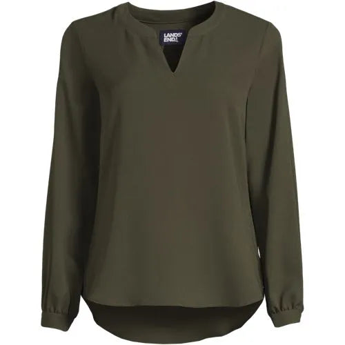 Women's Shirred Long Sleeve Split Neck Blouse