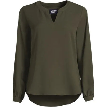 Women's Shirred Long Sleeve Split Neck Blouse