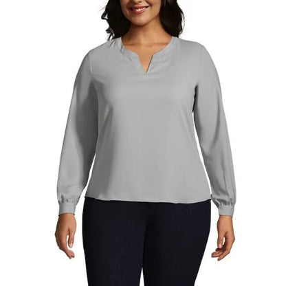Women's Shirred Long Sleeve Split Neck Blouse
