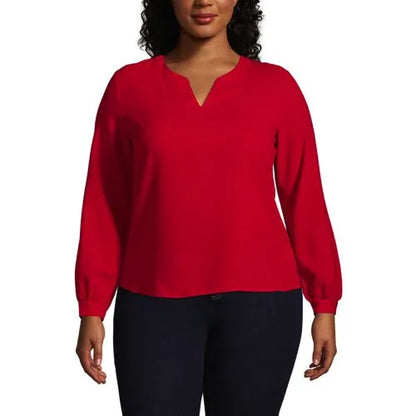 Women's Shirred Long Sleeve Split Neck Blouse