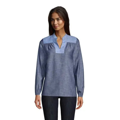 Women's Chambray Mix Peasant Top