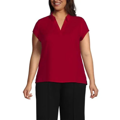Women's Short Sleeve Split Neck Crepe Blouse