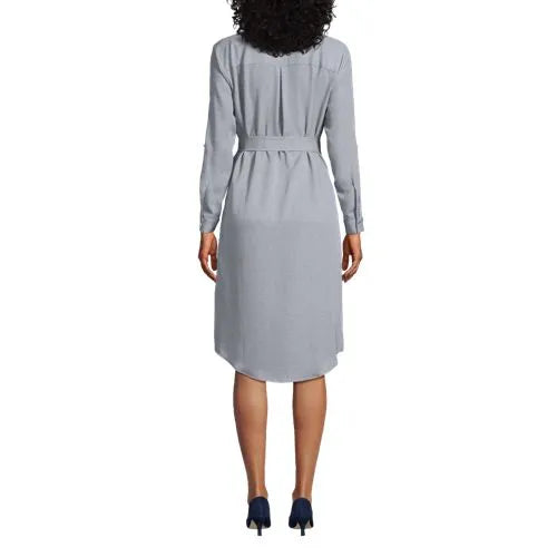 Women's Long Sleeve Twill Below The Knee Belted Print Shirt Dress