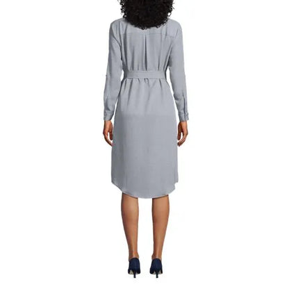 Women's Long Sleeve Twill Below The Knee Belted Print Shirt Dress