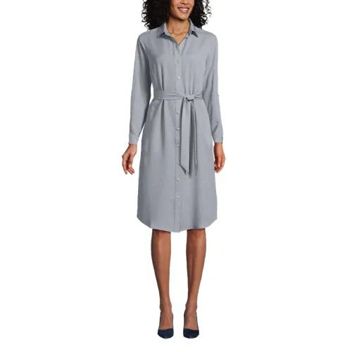 Women's Long Sleeve Twill Below The Knee Belted Print Shirt Dress