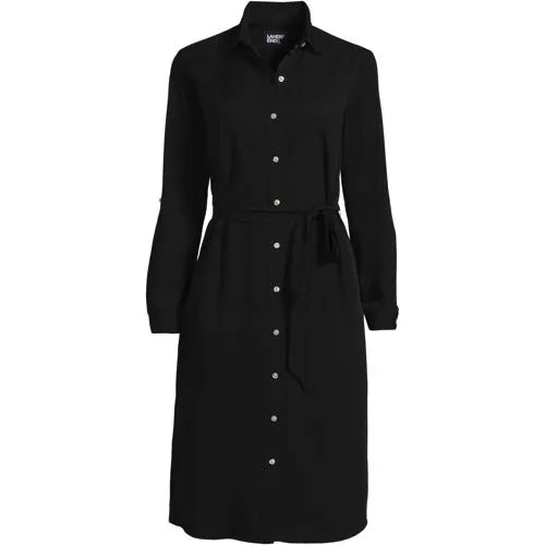 Women's Long Sleeve Twill Below Knee Belted Shirt Dress