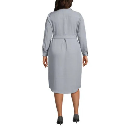 Women's Long Sleeve Twill Below The Knee Belted Print Shirt Dress