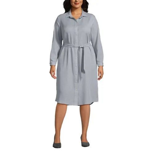 Women's Long Sleeve Twill Below The Knee Belted Print Shirt Dress