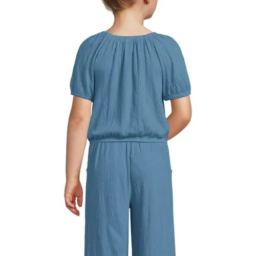 Girls Short Sleeve Knit Gauze Puff Sleeve Top