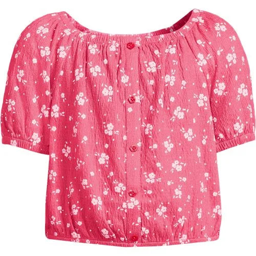 Girls Short Sleeve Knit Gauze Puff Sleeve Top