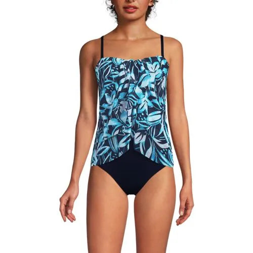 Women's Chlorine Resistant Mesh Bandeau High Leg Fauxkini One Piece Swimsuit