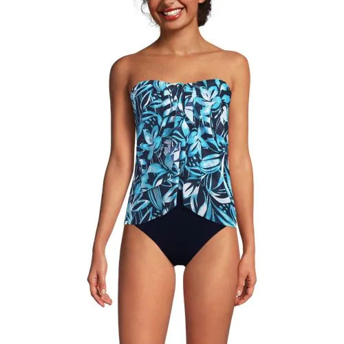 Women's Chlorine Resistant Mesh Bandeau High Leg Fauxkini One Piece Swimsuit