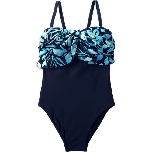Women's Chlorine Resistant Mesh Bandeau High Leg Fauxkini One Piece Swimsuit