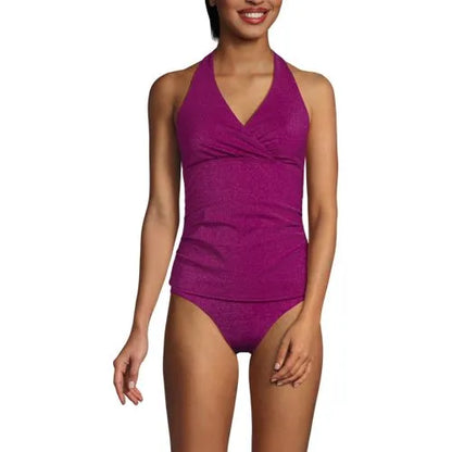 Women's Chlorine Resistant Shine V-neck Halter Tankini Swimsuit Top