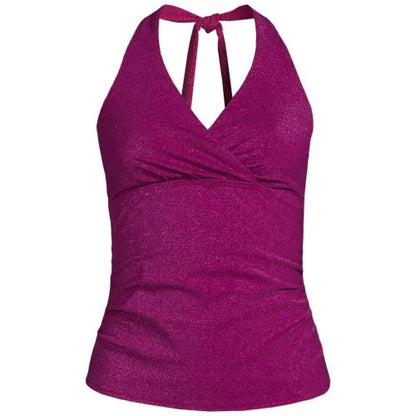 Women's Chlorine Resistant Shine V-neck Halter Tankini Swimsuit Top