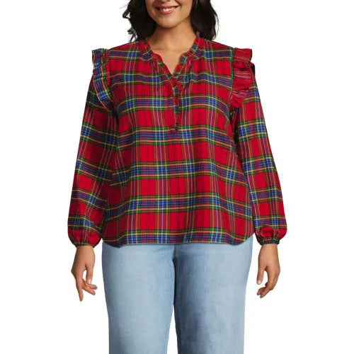 Women's Ruffle Front Flannel Popover Blouse