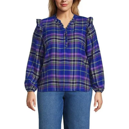 Women's Ruffle Front Flannel Popover Blouse