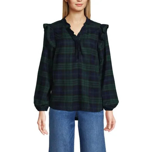 Women's Ruffle Front Flannel Popover Blouse