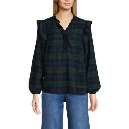Women's Ruffle Front Flannel Popover Blouse