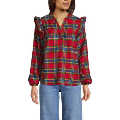 Women's Ruffle Front Flannel Popover Blouse