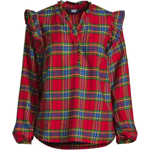 Women's Ruffle Front Flannel Popover Blouse