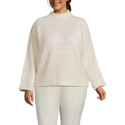 Women's Plus Size Boucle Funnel Neck All Over Cable Sweater
