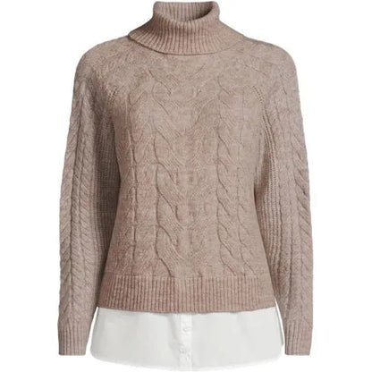 Women's Cable Turtleneck with Mock Shirt Detail Sweater