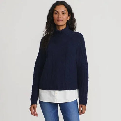 Women's Cable Turtleneck with Mock Shirt Detail Sweater