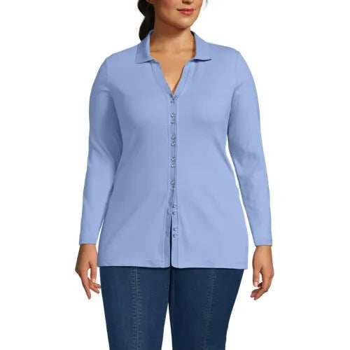 Women's Long Sleeve Polished Rib Button Through Tunic Shirt