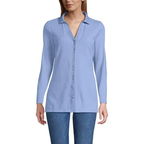 Women's Long Sleeve Polished Rib Button Through Tunic Shirt