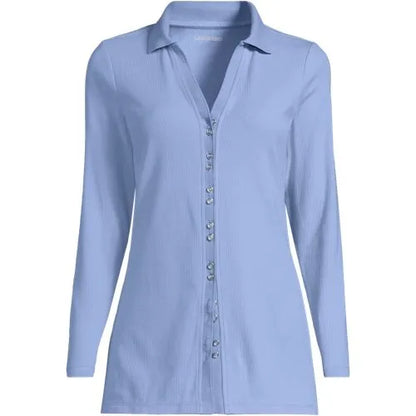 Women's Long Sleeve Polished Rib Button Through Tunic Shirt