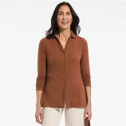 Women's Long Sleeve Polished Rib Button Through Tunic Shirt