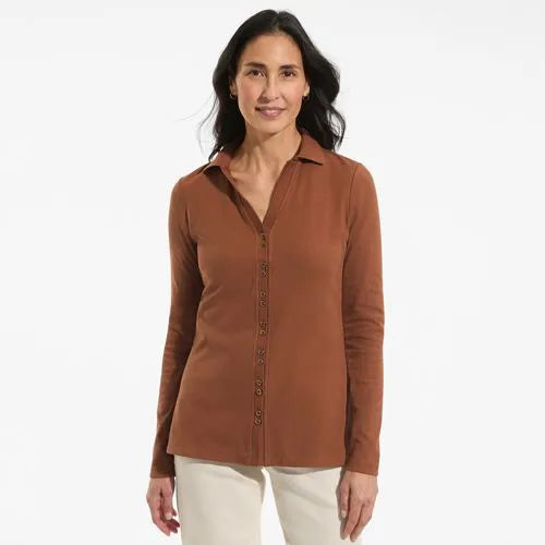 Women's Long Sleeve Polished Rib Button Through Tunic Shirt