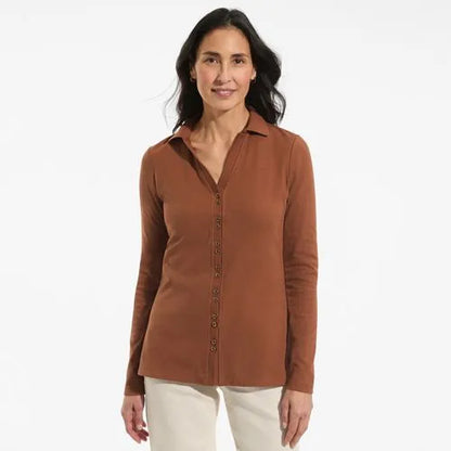 Women's Long Sleeve Polished Rib Button Through Tunic Shirt