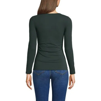 Women's Long Sleeve Tugless Double Layer Square Neck Knit Top