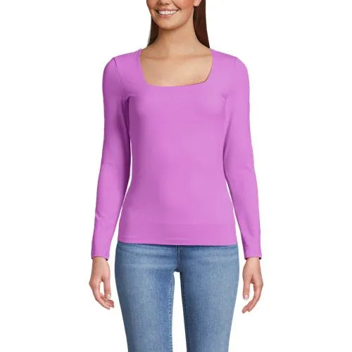 Women's Long Sleeve Tugless Double Layer Square Neck Knit Top