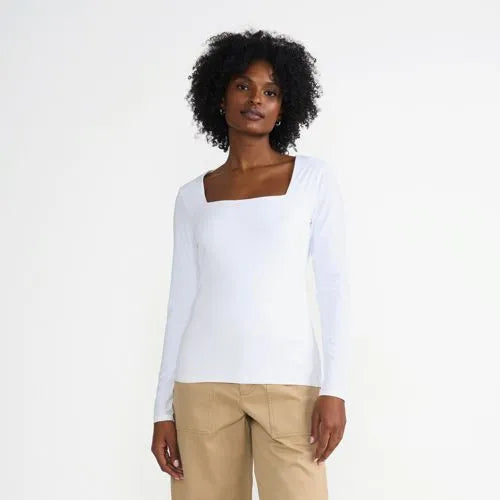 Women's Long Sleeve Tugless Double Layer Square Neck Knit Top