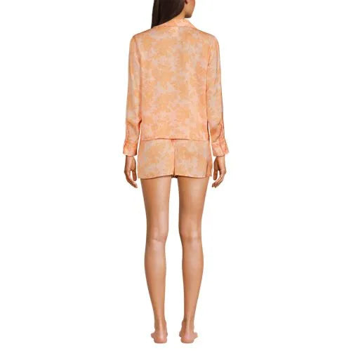 Women's Matte Satin 2 Piece Pajama Set - Long Sleeve Top and Shorts