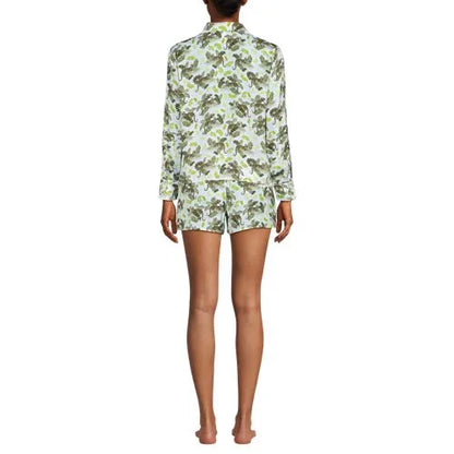 Women's Matte Satin 2 Piece Pajama Set - Long Sleeve Top and Shorts